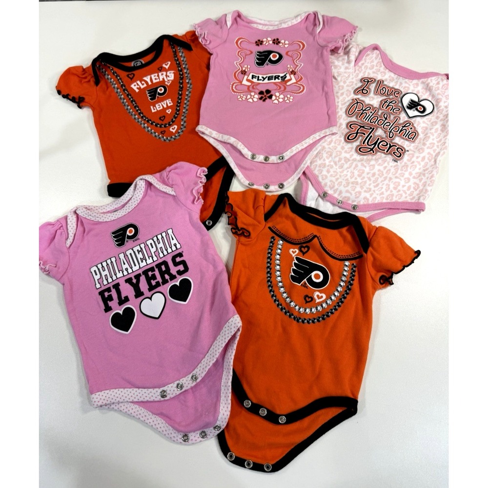 Philadelphia Flyers Baby Bodysuits 0-3M Girls Lot of 5 NHL Hockey PInk Orange